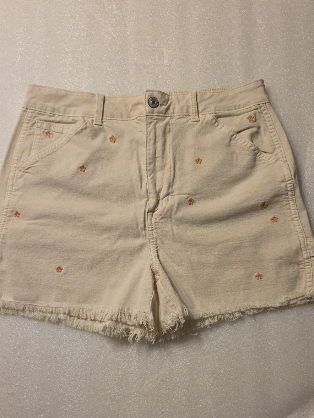 American Eagle Outfitters Cream Embroidered Frayed-Hem Jean Shorts